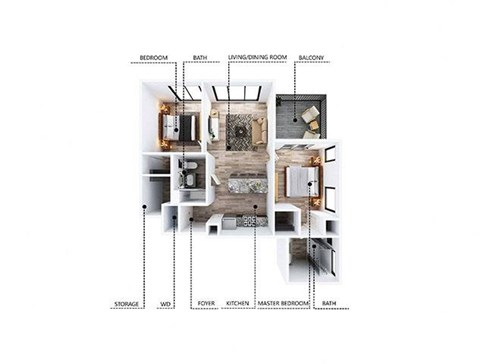 A floor plan of a house with labeled rooms such as Bedroom, Bath, Living/Dining Room, and Kitchen.