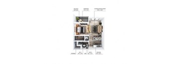 A diagram of a small apartment layout with a balcony, bedroom, living/dining room, kitchen, bath, and storage.