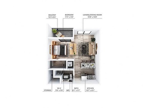 A diagram of a small apartment layout with a balcony, bedroom, living/dining room, kitchen, bath, and storage.