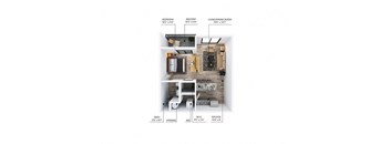 A diagram of a small apartment layout with a bedroom, living/dining room, kitchen, bathroom, and storage.