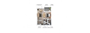 A floor plan of a small apartment with a living room, kitchen, balcony, and bathroom.