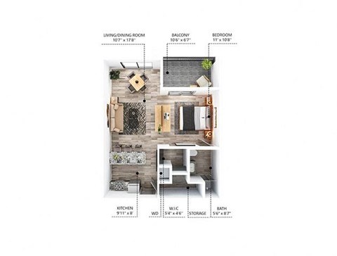 A floor plan of a small apartment with a living room, kitchen, balcony, and bathroom.