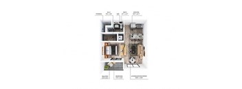 A diagram shows the layout of a small apartment with a balcony, bedroom, living room, kitchen, and bathroom.