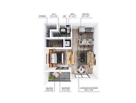 A diagram shows the layout of a small apartment with a balcony, bedroom, living room, kitchen, and bathroom.