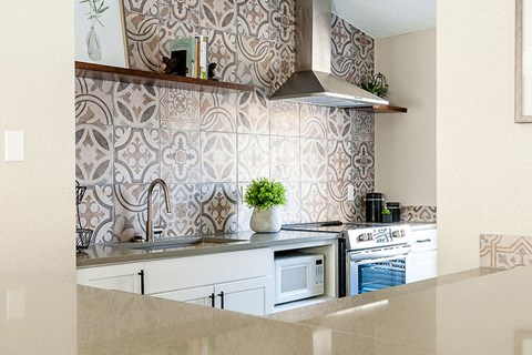 A kitchen with a patterned backsplash and a stove top oven.
