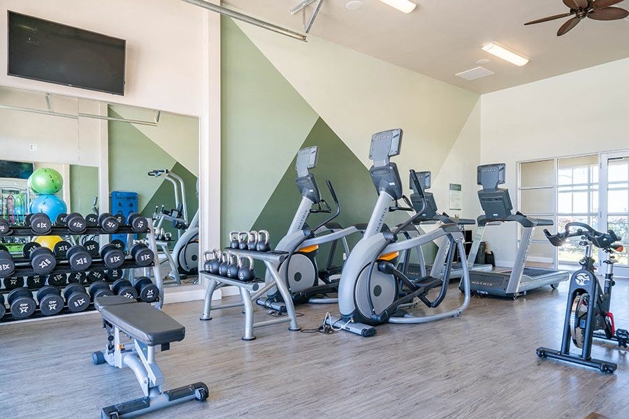 A gym with a variety of equipment including weights, a bench, and a television.