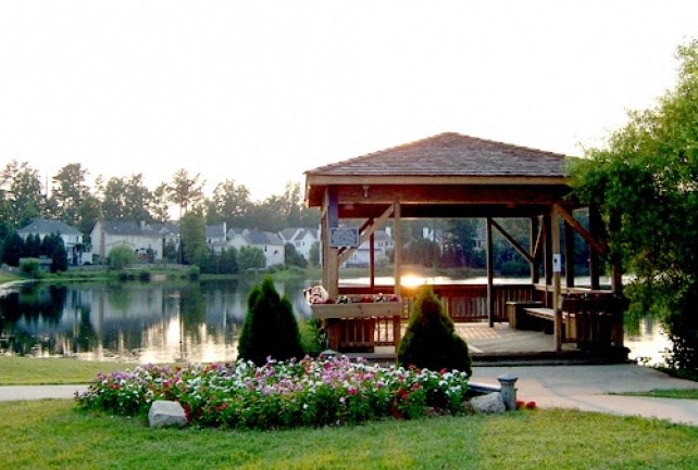 a gazebo next to a lake with houses in the background