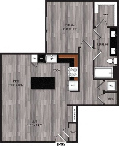 A floor plan of a house with a living room, dining room, kitchen, and bathrooms.