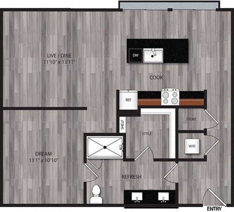 A floor plan of a house with a living room, dining room, kitchen, and bathroom.