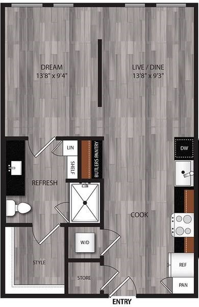 A floor plan of a small apartment with a living room, dining room, kitchen, and bathroom.