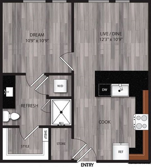 A floor plan of a house with a living room, dining room, kitchen, and bathroom.