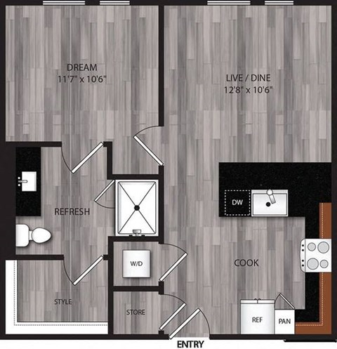 A floor plan of a house with a living room, dining room, kitchen, and bathroom.