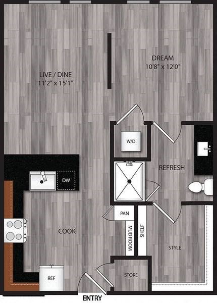 A floor plan of a house with a living room, dining room, kitchen, and bathrooms.