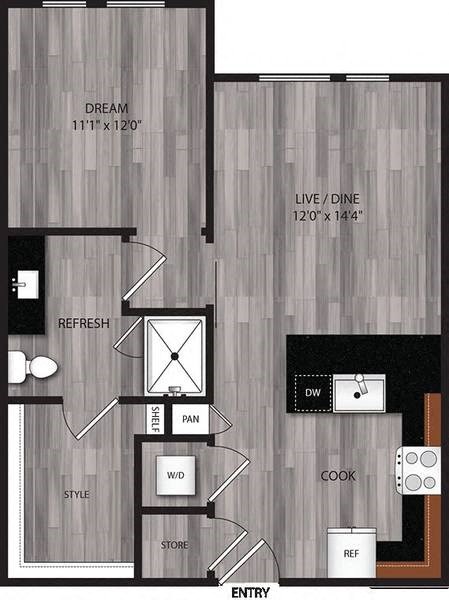A floor plan of a house with a living room, dining room, kitchen, and a bedroom.