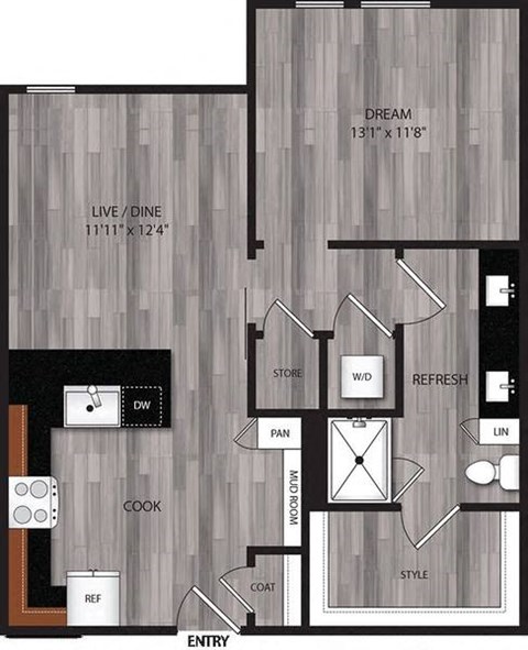 A floor plan of a house with a living room, dining room, kitchen, and bathrooms.