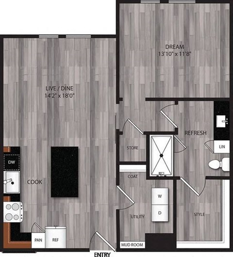 A floor plan of a house with a living room, dining room, kitchen, and bathroom.