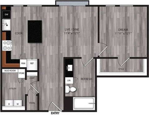 A floor plan of a house with a living room, dining room, kitchen, and bathroom.