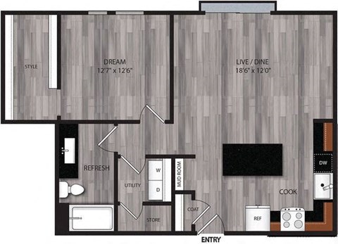 A floor plan of a house with a living room, dining room, kitchen, and bathrooms.