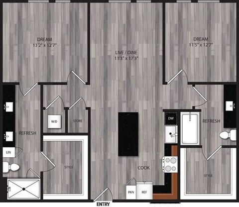 A floor plan of a house layout with labeled rooms such as "DREAM", "LIVE/DINE", "STORE", "REFRESH", "COOK", "STYLE", "PAN", "REF