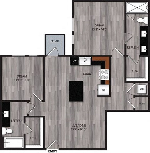 A floor plan of a house with labeled rooms such as "DREAM", "RELAX", "COOK", and "REFRESH".