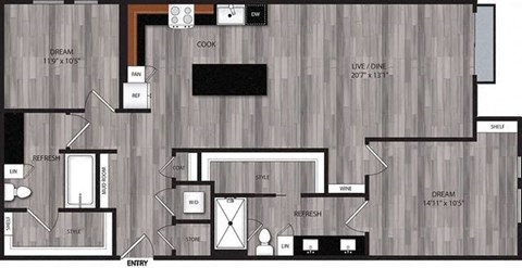 A floor plan of a house with a living room, dining room, kitchen, and bathrooms.