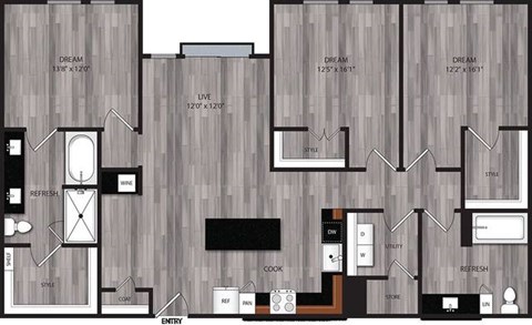 A floor plan of a house with labeled rooms such as "LIVE", "STUFF", and "REFRESH".