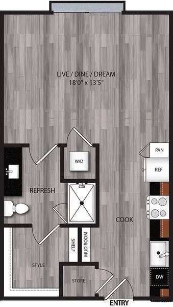 A floor plan of a kitchen and living room layout.