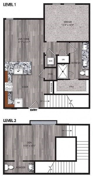A floor plan of a two-level home with a living room, dining room, kitchen, and bathrooms.