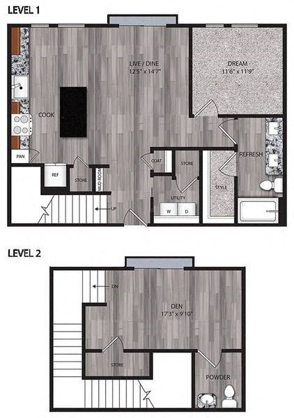 A floor plan of a two-level home with labeled rooms such as "DREAM," "COOK," and "REFRESH."