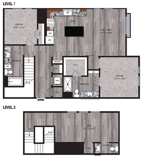 A floor plan shows two levels of a house with labeled rooms such as "DREAM 108" x 122" and "DEN 21" x 105".