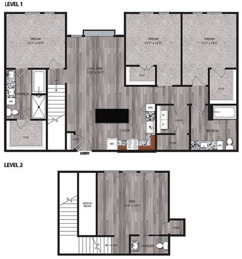 A floor plan shows two levels of a house with labeled rooms such as "DREAM," "LIVE DINE," and "STORE."