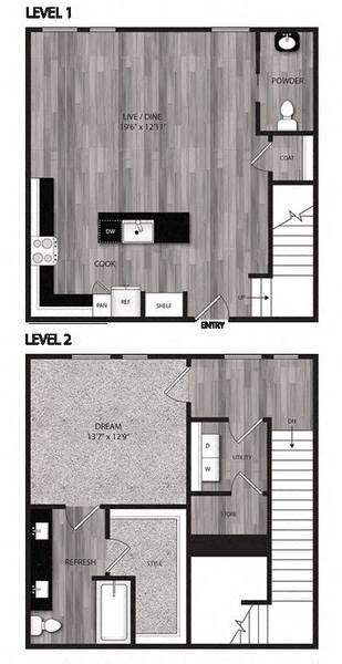A black and white image of a two level floor plan of a house.