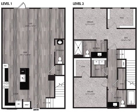 A floor plan of a two-level home with labeled rooms and dimensions.