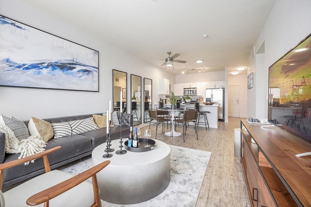 a living room with a couch and a table