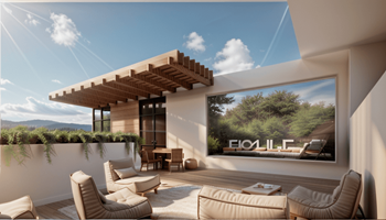 a rendering of a patio area with couches and a television