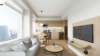 a rendering of a living room with a couch and a tv