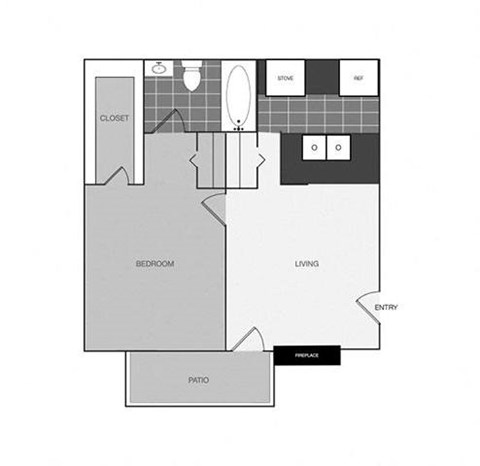 a stylized floor plan of a 1 bedroom floor plan with an open concept floor