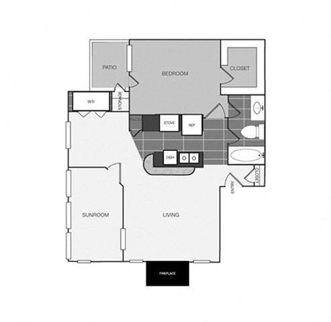 a floor plan of a 1 story apartment with a bedroom and a living room