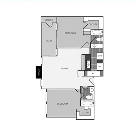 a floor plan of a studio apartment with a bedroom and a living room