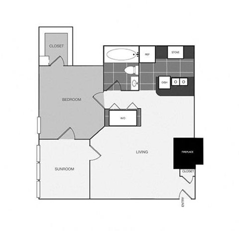 a floor plan of an apartment with a bedroom and a living room