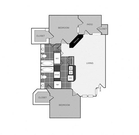 a stylized floor plan of an apartment with a bedroom and a living room