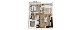 A floor plan of a small apartment with a living room, kitchen, and bathroom.