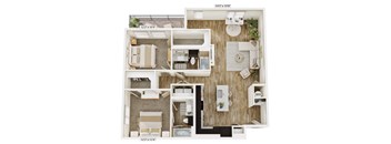 A floor plan of a small apartment with a living room, kitchen, and bathroom.
