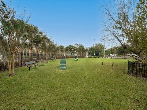 A park with a green lawn and a bench.