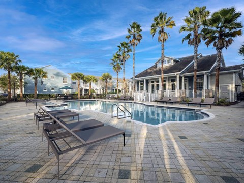 A pool surrounded by palm trees and lounge chairs.