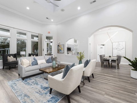 A spacious living room with a grey sofa, a coffee table, and a rug.