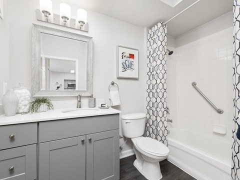 A white toilet sits in a bathroom with a grey cabinet and a framed picture on the wall.