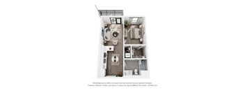 A 3D floor plan of a small apartment with a kitchen, living room, and bathroom.