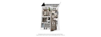 A 3D floor plan of a small apartment with a kitchen, living room, and bathroom.