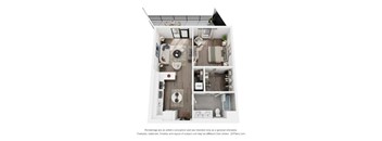 A 3D floor plan of a small apartment with a kitchen, living room, and bathroom.
